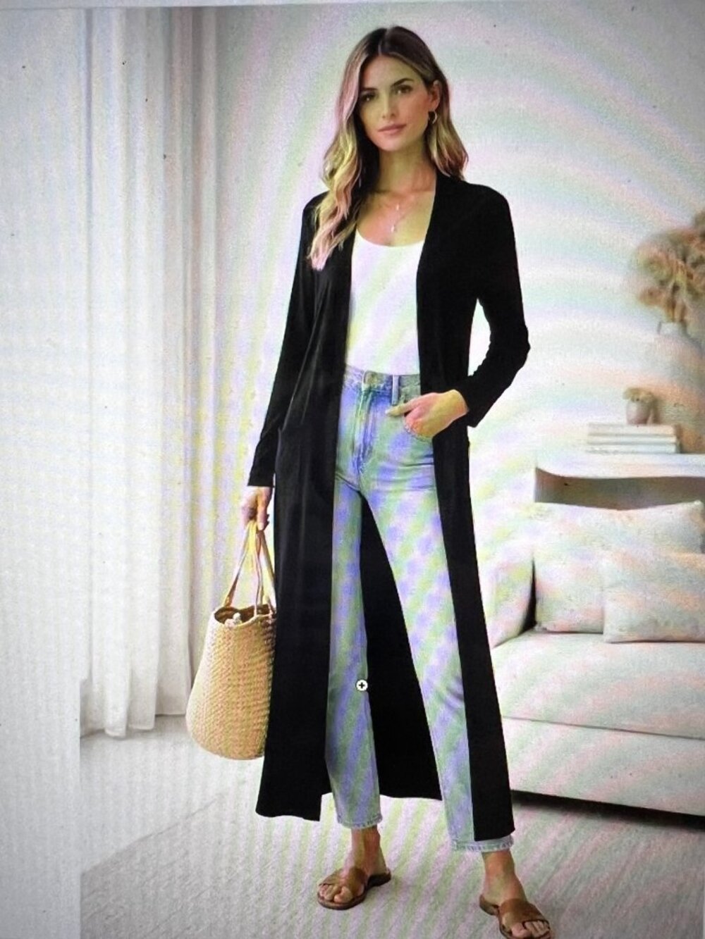 Johnny Was Calmé Black Open Front Maxi Duster Cardigan with Front Pockets, XS